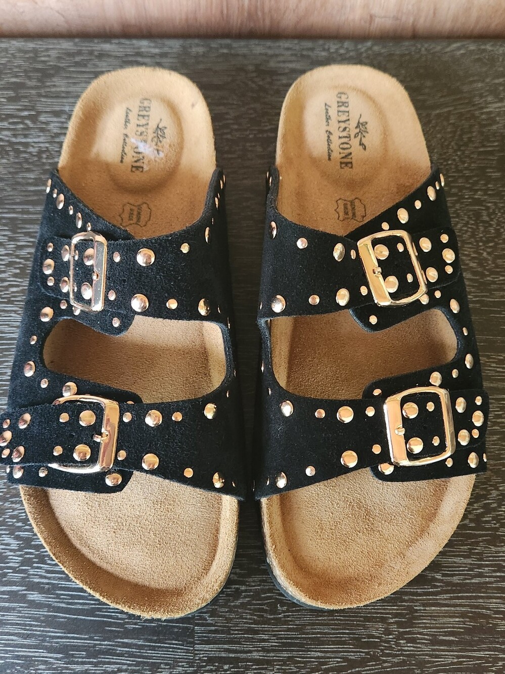 Greystone Leather Collection Black Suede Gold Studded Women's Sandals 10M